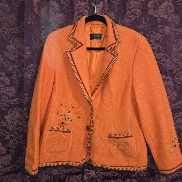 Basler Jeans Orange Viscose Beaded Embroidered Velvet Trimmed Blazer Size 44 - Picture 1 of 12